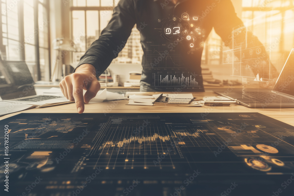 Poster professional hands pointing at data visualization on touchscreen in modern office environment