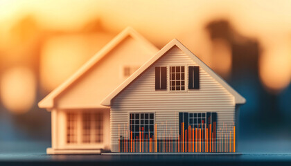 A miniature house model with a white exterior and colorful fence, set against a blurred sunset background, symbolizing home and comfort.