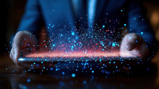 Digital interaction with vibrant particles emerging.