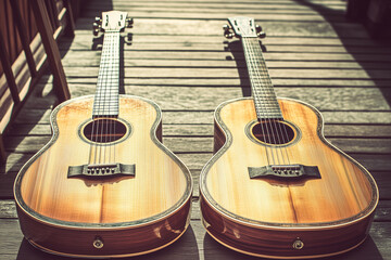 Obraz premium Top View of Beautiful Wooden Guitars on a Wooden Background with Microphone in Concept
