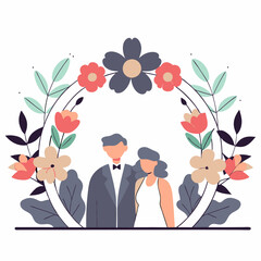 Stylized wedding illustration of a couple surrounded by flowers