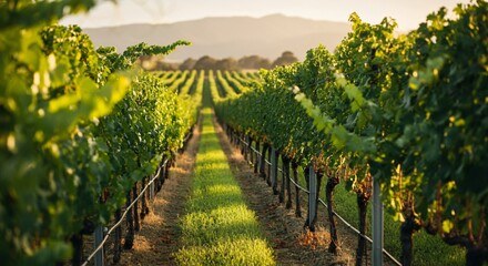 A picturesque vineyard with rows of grapevines under a golden sunset