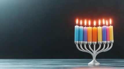 Fototapeta premium A menorah with colorful candles lit for a celebration.