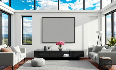 Modern luxurious living room, floor-to-ceiling windows, ocean view, white brick walls, black leather sofa, large empty canvas on wall, glass ceiling with clouds, minimalist decor, ottomans, vase with 