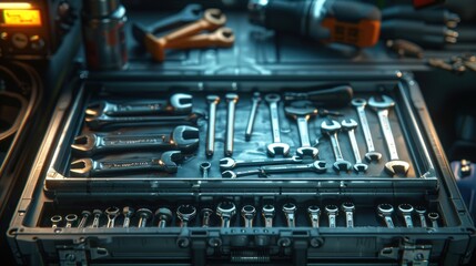 Fototapeta premium Assorted wrenches and tools in a metal toolbox.