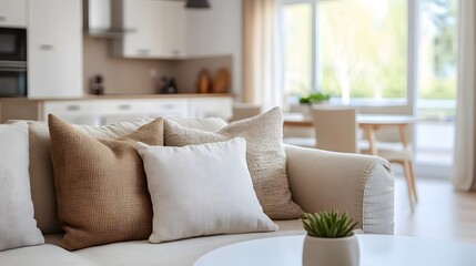 Modern Living Room Sofa with Neutral Cushions and Plant