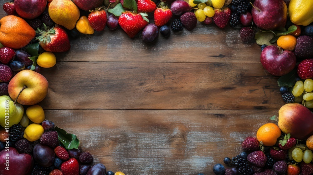 Poster fruits in heart shape on a wooden background created with generative ai
