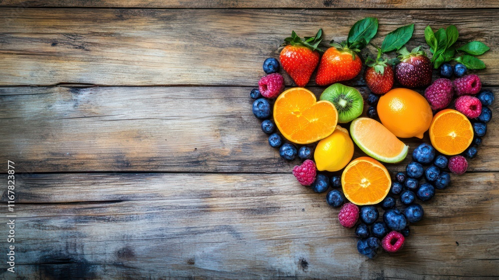 Poster fruits in heart shape on a wooden background created with generative ai