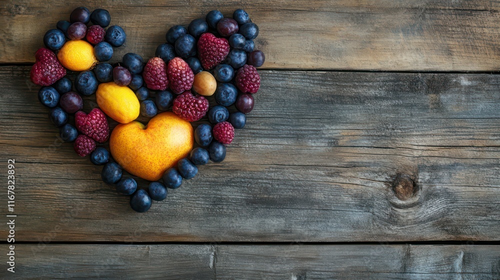 Poster fruits in heart shape on a wooden background created with generative ai
