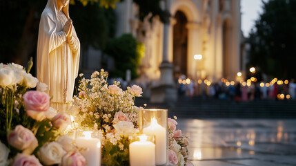 Ceremony honoring a religious figure with candles and flowers in an evening outdoor setting
