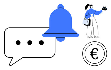 Woman holding phone and shopping bag, large notification bell, chat bubble, euro currency sign. Ideal for online shopping, e-commerce alerts, mobile notifications, financial transactions, digital