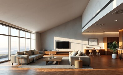 Modern interior japandi style design livingroom lighting and sunny scandinavian apartment with plaster and wood 3d render illustration Japandi interior design interior design japandi style modern
