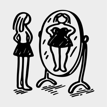 woman is looking at herself in a mirror, body dysmorphia sketch