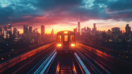 Obraz premium Cityscape sunset with elevated train approaching.