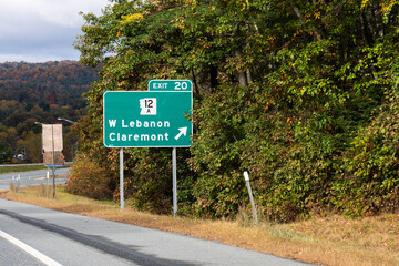 exit sign on  Interstate 89 for  Exit  20 for NH-12A toward West Lebanon and Claremont, New...