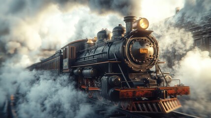 Fototapeta premium Vintage steam locomotive train moving fast through a smoky station.
