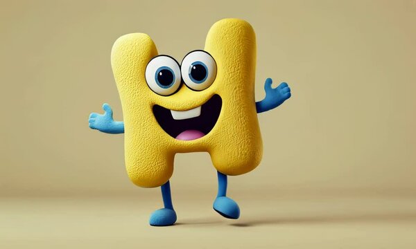 3D child animated dancing character mascot letter H on flat beige background