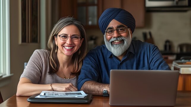 Happy couple working together from home using a laptop