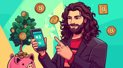 A man with long curly hair confidently points to his smartphone, showcasing cryptocurrency in a vibrant setting. Bitcoin coins and a piggy bank symbolize financial growth.