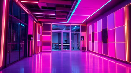 Vibrant Futuristic Recording Studio with Musicians in Action Surrounded by LED Lights and Glass Walls