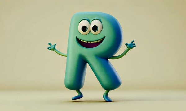 3D child animated dancing character mascot letter R on flat beige background