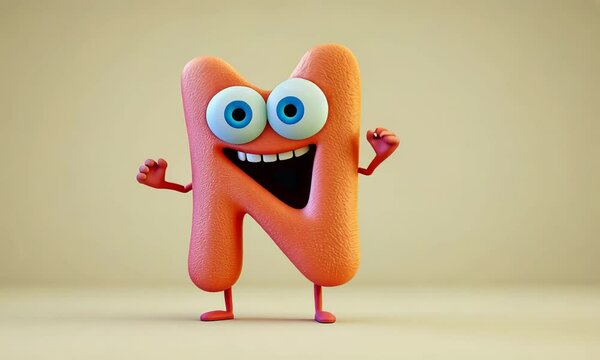 3D child animated dancing character mascot letter N on flat beige background