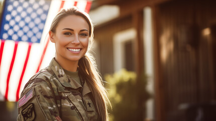A smiling female soldier in a military uniform standing outdoors with her arms crossed, an American flag visible in the background. The image conveys patriotism, pride, and service.