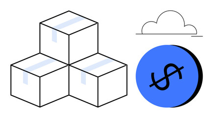 Stacked boxes, a cloud, and a dollar sign in blue circle evoke e-commerce, shipping, storage, and cloud technology. Ideal for themes of online shopping, logistics, cloud computing finance storage