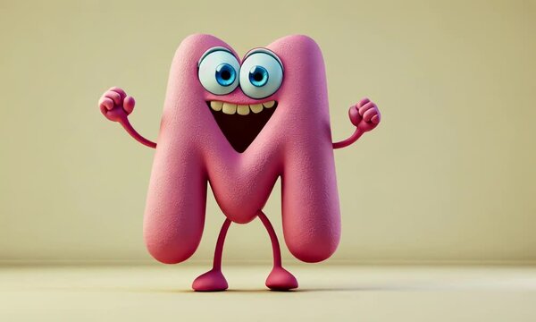 3D child animated dancing character mascot letter M on flat beige background