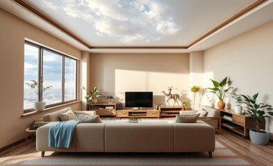 Fototapeta premium Japandi interior home design of modern living room with beige sofa and wooden furniture and houseplants on the beige wall of the copy space Japandi interior design interior design japandi style modern