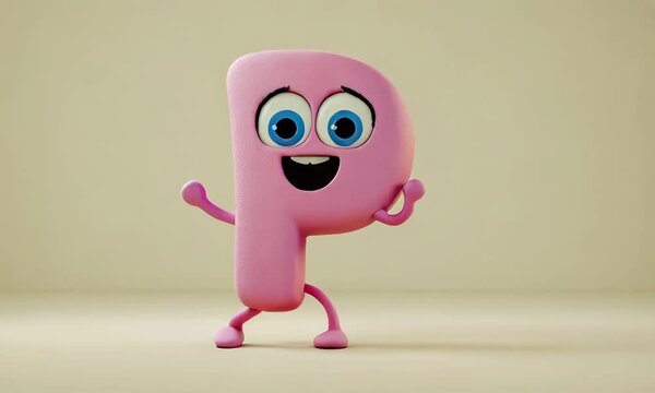 3D child animated dancing character mascot letter P on flat beige background