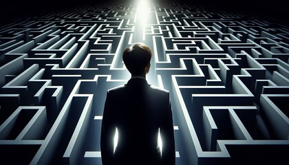 A businessman in a maze is looking for the right way out, symbolizing problems and solutions.
