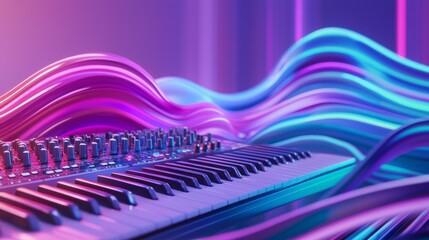 Harmonious Fusion of Musical Instruments and Sound Engineering Tools with Vibrant Wave Visuals Reflecting Collaboration in Sound Production