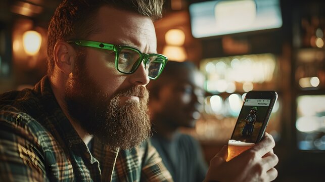 Bearded Man Views Phone Image While Drinking Beer