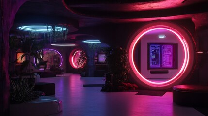 Obraz premium Futuristic neon-lit lounge with plants and screens.