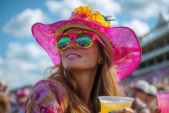 Spectators Enjoy a Sunny Day at the Kentucky Derby Wearing Vibrant Hats and Sipping Refreshing Drinks. Generative AI
