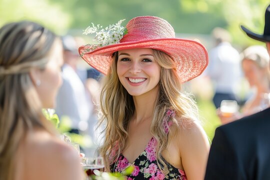 Elegant Garden Party Featuring Guests in Traditional Derby Attire Celebrating the Preakness Stakes. Generative AI