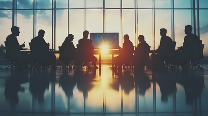 Businesspeople Silhouetted During a Sunset Meeting