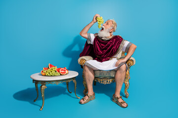 Full size photo of wealthy ancient citizen sit throne ear fresh grape isolated on blue color...