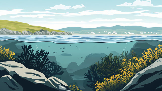 Underwater view of seaweed in a coastal landscape with rocky shores and distant hills. Shoreline. Illustration