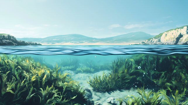 Underwater view of seaweed in a coastal landscape with rocky shores and distant hills. Shoreline. Illustration