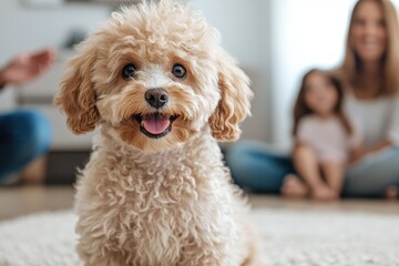 Happy puppy enjoying playful moments with family in a cozy living room