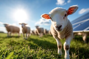 Fototapeta premium Curious lamb explores green pasture under the warm sun near solar panels on a bright afternoon