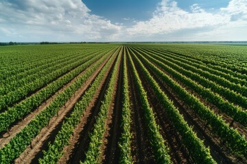 Expansive rows of lush green vines stretch across the tranquil vineyard under a bright blue sky