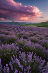 Naklejka premium Lavender Fields with Pastel Sky and Pink Clouds Purple Herb Landscape Scenery for Screensaver and Nature Background