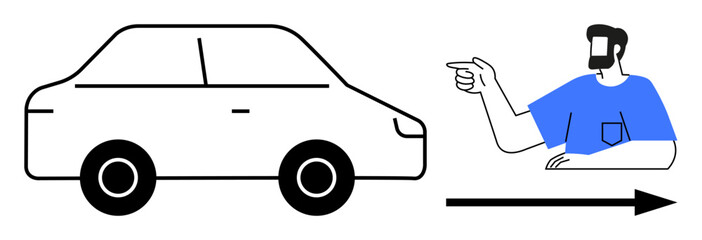 Car moving right with a man pointing in the same direction. Ideal for direction, navigation, transportation, guidance, journey, moving forward, indication. Simple and modern abstract line flat
