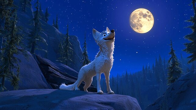 Arctic wolf howls moonlit mountains night animation
