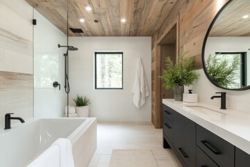 Modern bathroom design with natural elements in a serene, light-filled space