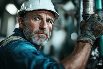 Skilled tradesman in hard hat working diligently on industrial machinery in a well-lit workshop