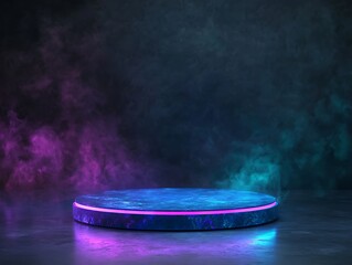 3D futuristic podium with glowing rings and reflective surfaces 